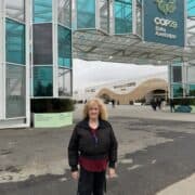 Nurit Greenger, US-AZ Cultural Foundation at the entrance to the COP29 venue.