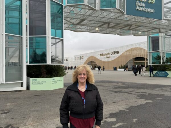 Nurit Greenger, US-AZ Cultural Foundation at the entrance to the COP29 venue.