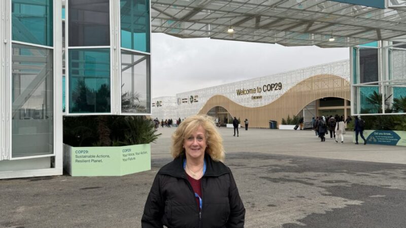 Nurit Greenger, US-AZ Cultural Foundation at the entrance to the COP29 venue.