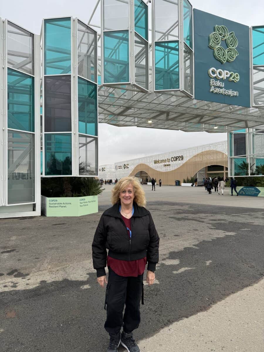 Nurit Greenger, US-AZ Cultural Foundation at the entrance to the COP29 venue.